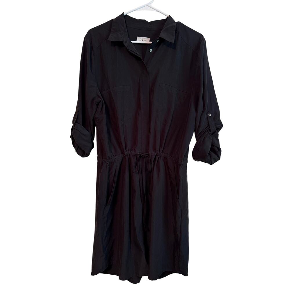 Lou & Grey Black Shirt Dress Long Sleeve with Roll Tabs Modal Safari Large VGUC